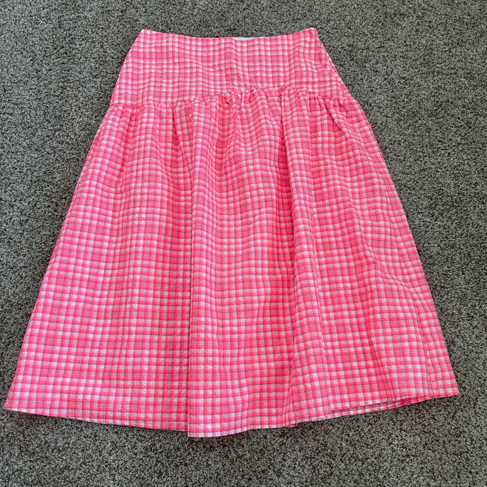 NWT Top Shop Seersucker Bright Pink Gingham Neon Maxi Skirt Sze 10 Drop Waist - Picture 2 of 8
